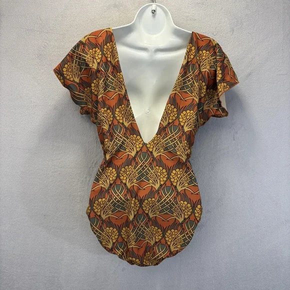 Albion One Piece Swimsuit Womens Medium Brown Orange Floral Tropical Wirefree - Picture 3 of 15